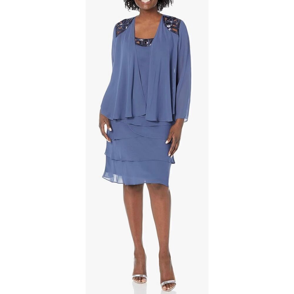 S.L. Fashions Mother of The Bride Jacket Dress with Sequined Cut Out Shoulder